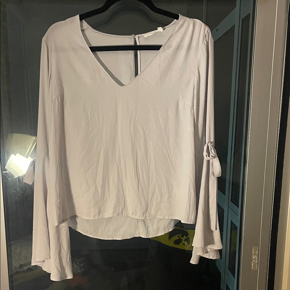 Lush White V-Neck Blouse with Tie Sleeves